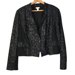 Chico's Black Lace Overlay One Button Blazer Jacket Size 3 Cropped